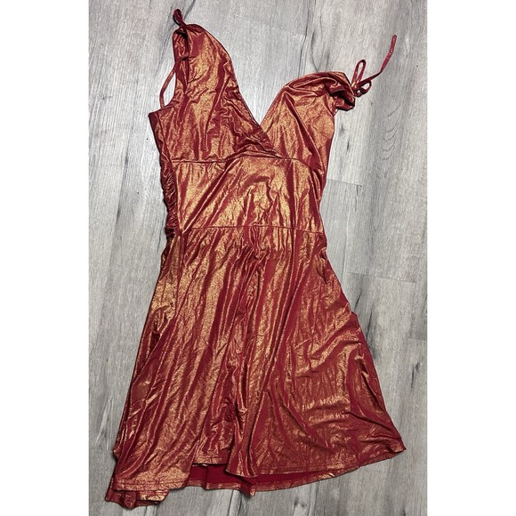 Papillon Blanc Dresses & Skirts - Papillon Los Angeles Metallic Red Gold Dress Women's Medium Stretch Party V Neck